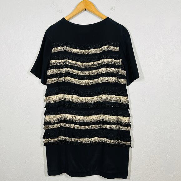 Tory Burch Beaded Silk Dress Tiered Sheath Black Tan Short Sleeve Heavy - 6 - Picture 7 of 11